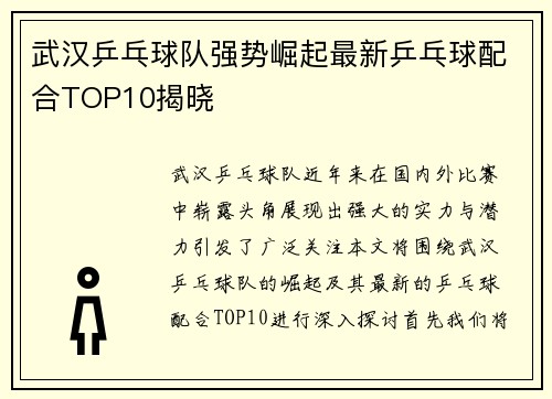 武汉乒乓球队强势崛起最新乒乓球配合TOP10揭晓